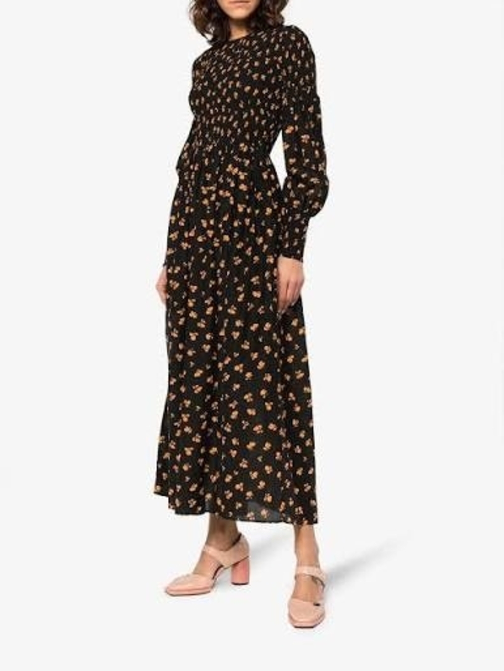 Ganni Beacon Silk Blend Black Maxi Dress with Peach Floral Print